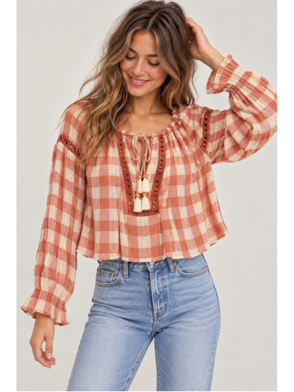 Free People Women’s Rust Cream Gingham Plaid Boho Peasant Blouse Top SZ S